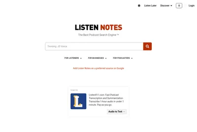 Screenshot of the Listen Notes homepage