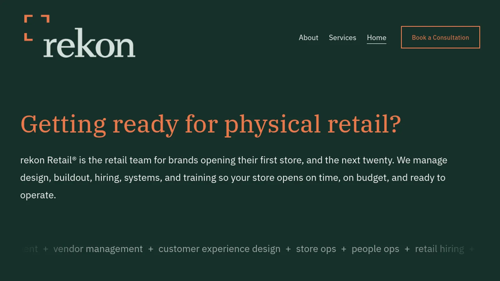 Screenshot of the rekon Retail homepage