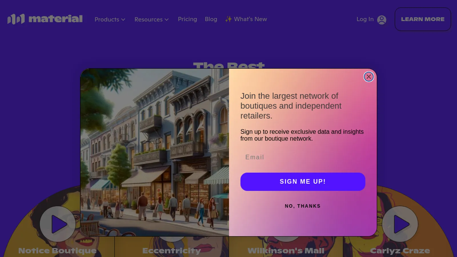 Screenshot of the Material Retail homepage