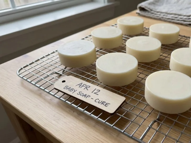 Round bars of white soap curing on a wire drying rack beside a wooden date tag.