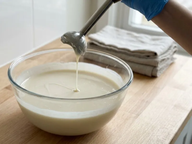 A gloved hand lifts an immersion blender, dripping creamy soap batter back into a clear glass bowl.