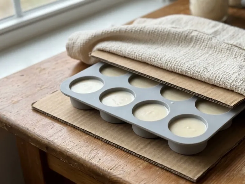 A silicone mold filled with soap batter is covered with cardboard and a folded towel.