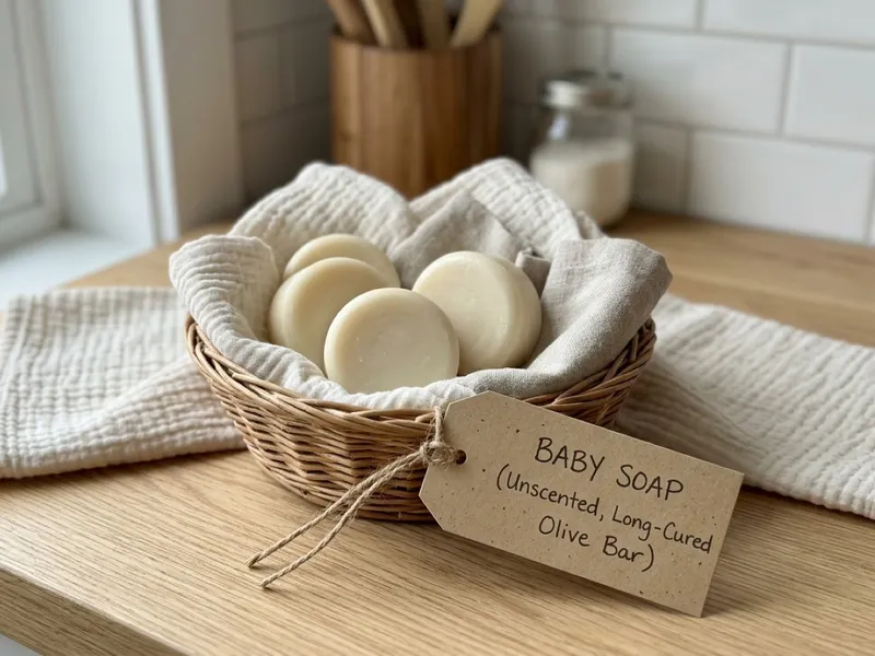 Round handmade soap bars in a fabric-lined wicker basket labeled Baby Soap on a wooden countertop.