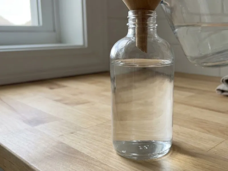 Clear liquid is poured from a glass pitcher through a wooden funnel into a glass bottle.