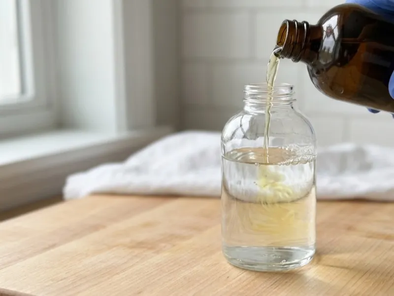 A gloved hand pours golden liquid from an amber bottle into a clear jar of liquid.