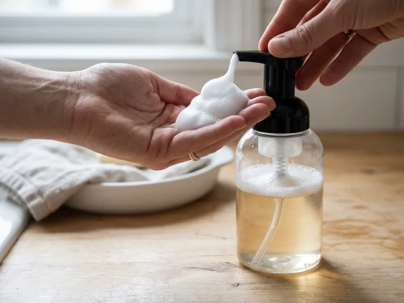 A person pumps white foaming soap from a clear dispenser bottle into an open hand.