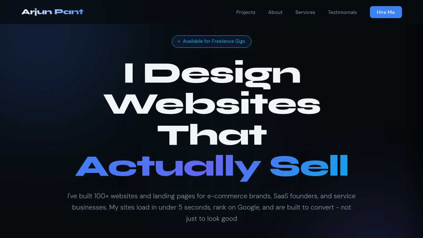 Screenshot of the Arjun pant homepage