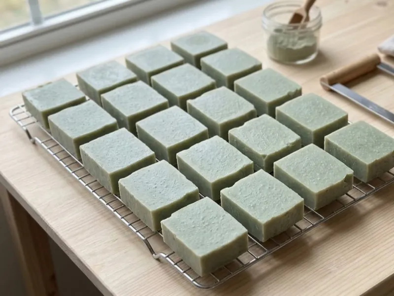 Freshly cut green soap bars sit on a wire drying rack next to a soap cutter.