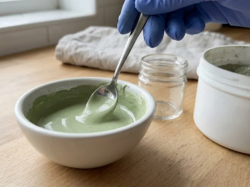 A gloved hand stirs smooth green clay paste in a white bowl beside a jar of powder.