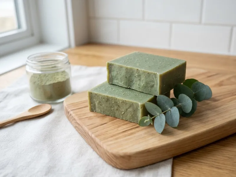 Two green soap bars stacked on a wooden board beside eucalyptus leaves and a jar of powder.