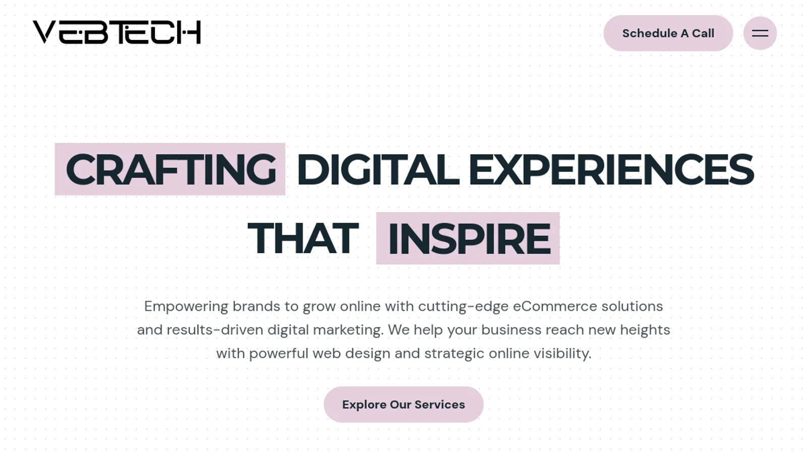 Screenshot of the Vebtech homepage