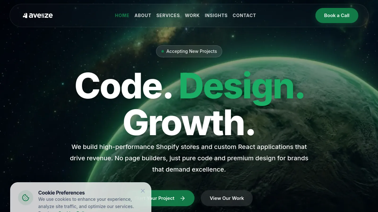 Screenshot of the Avelize homepage