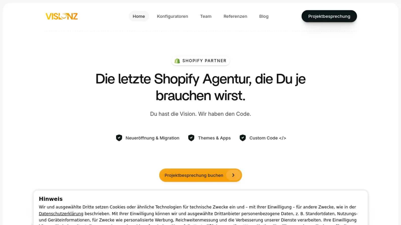 Screenshot of the Visionz GmbH homepage