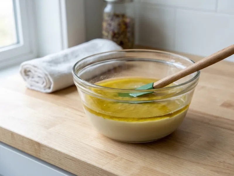 A glass bowl of layered oils and soap mixture with a spatula on a wooden countertop.
