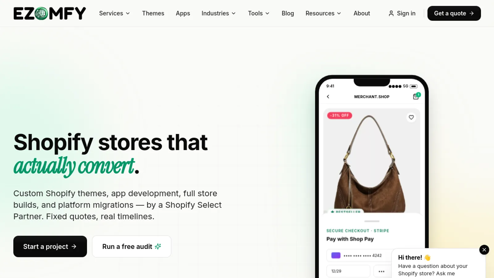 Screenshot of the EZOMFY — Custom eCommerce Development, Themes & Apps homepage