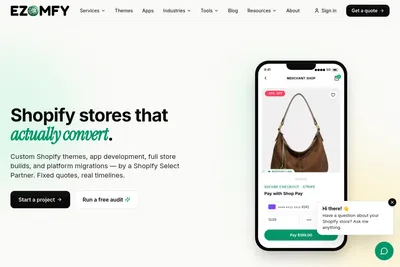 Screenshot of the EZOMFY — Custom eCommerce Development, Themes & Apps homepage