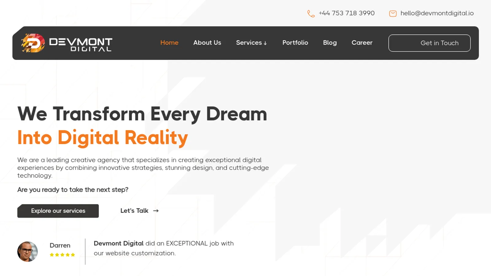 Screenshot of the Devmont Digital homepage