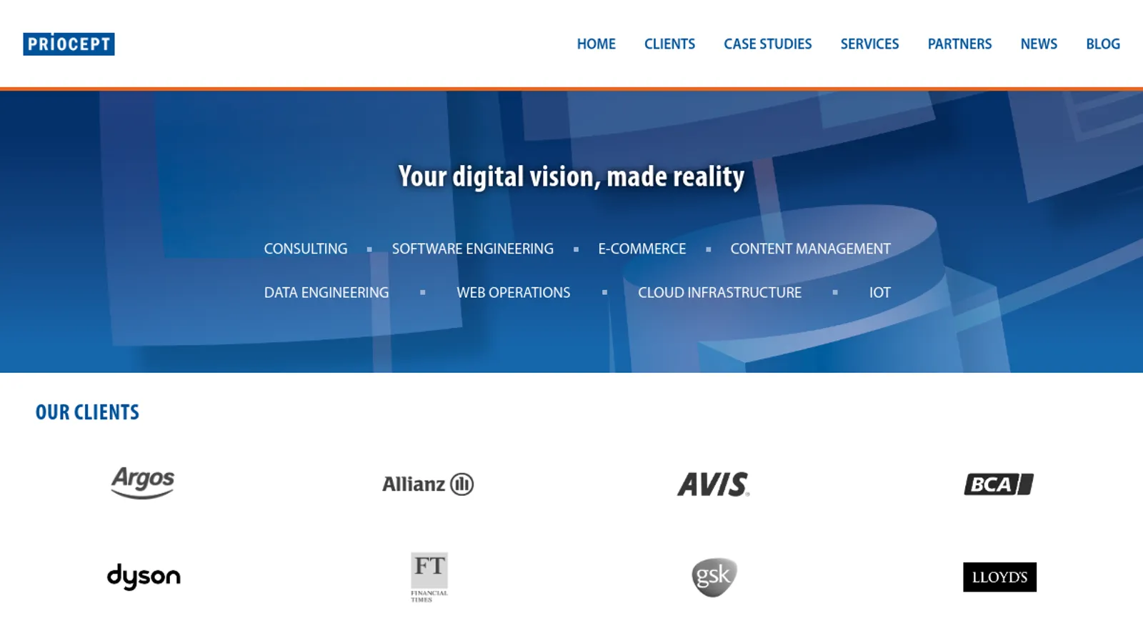 Screenshot of the Priocept homepage