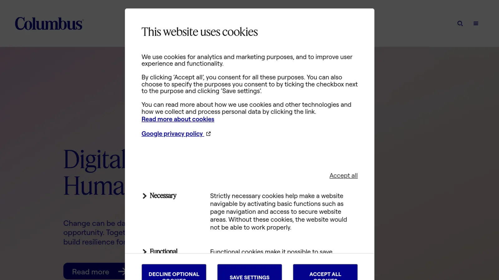 Screenshot of the Columbus homepage