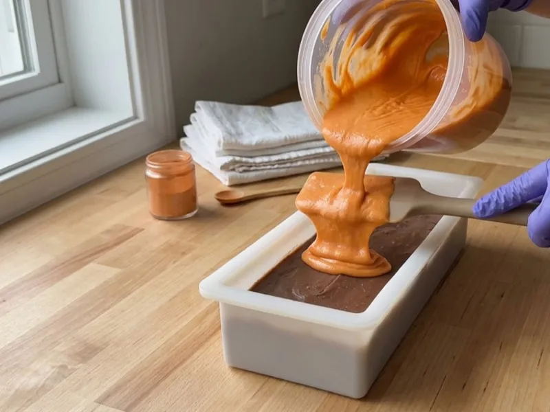 Gloved hands pour orange soap batter over a spatula into a loaf mold filled with brown soap.