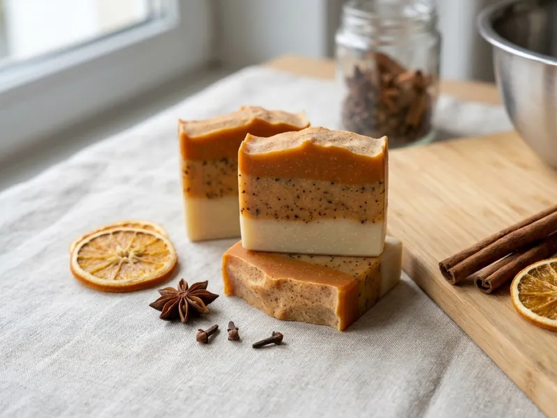 Layered handmade natural soap bars surrounded by dried orange slices, star anise, and cinnamon sticks.