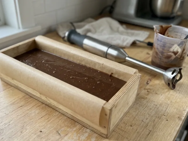 Freshly poured dark brown soap batter fills a parchment-lined wooden loaf mold beside an immersion blender.