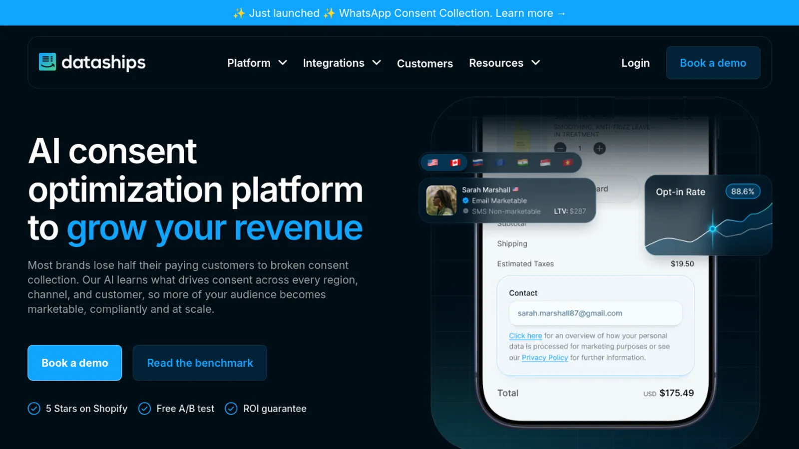 Screenshot of the Dataships homepage