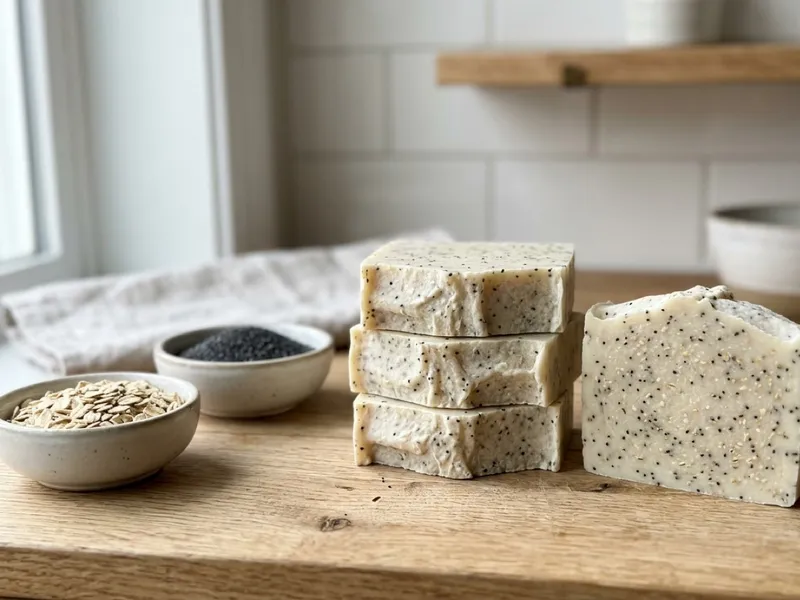 Bars of handmade oat and poppy seed soap displayed beside small bowls of oats and seeds.