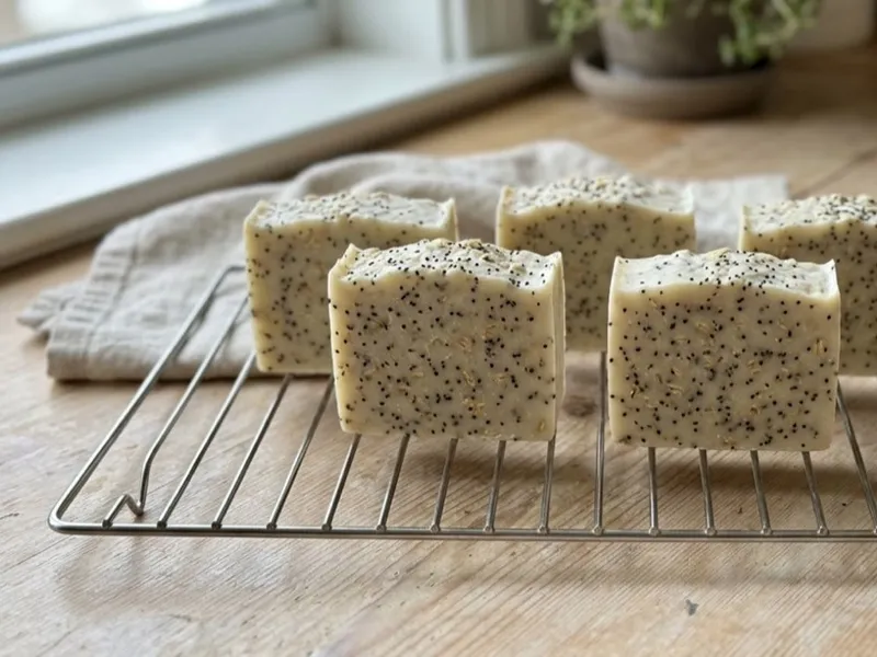 Five handmade bars of oat and poppy seed soap curing on a wire rack.