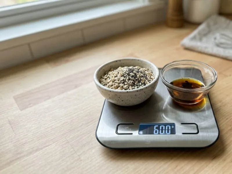 A digital scale holds a bowl of oats and seeds beside a small dish of amber liquid.