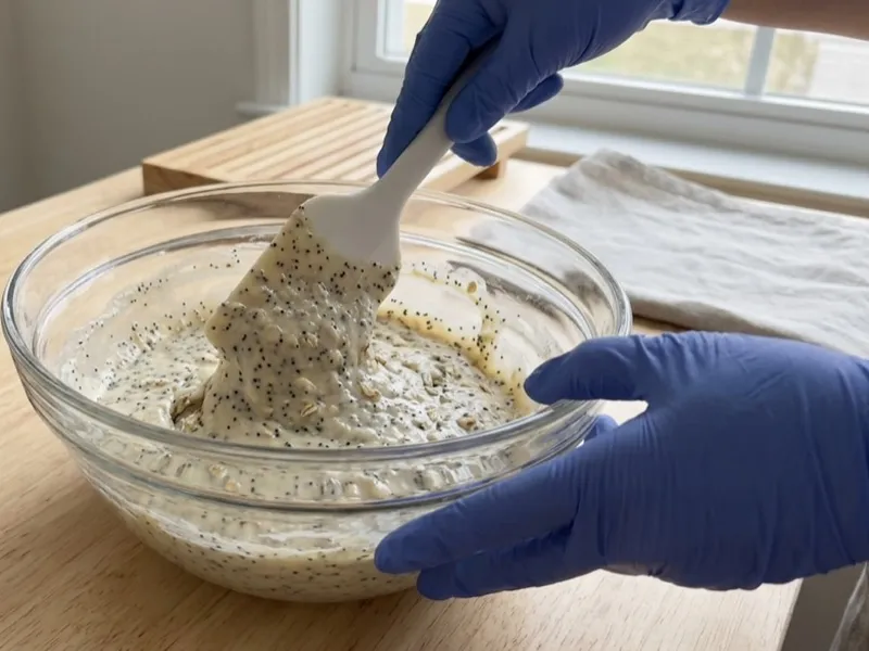 Gloved hands stir a speckled soap batter with oats and poppy seeds in a glass bowl.