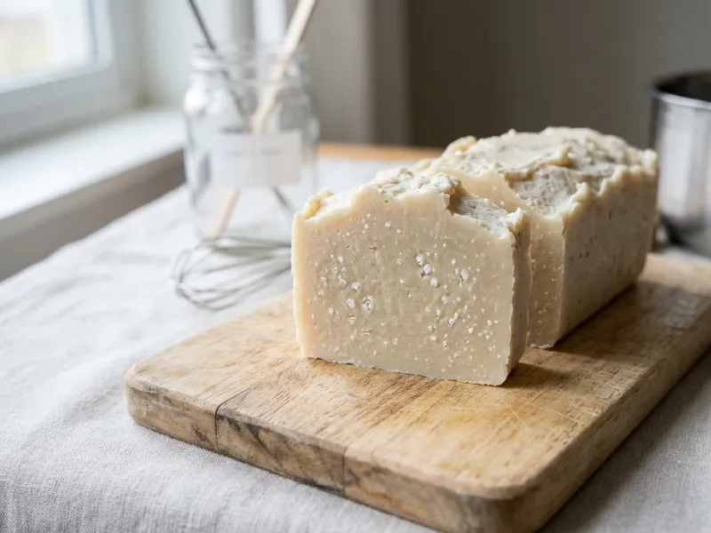 A sliced bar and loaf of handmade natural soap rest on a rustic wooden cutting board.