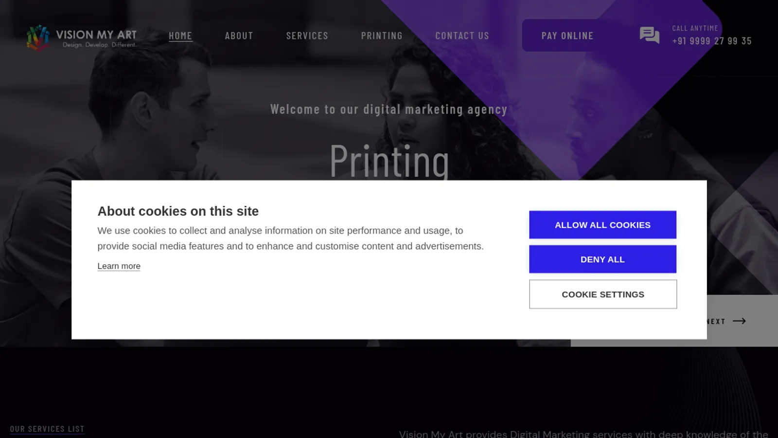 Screenshot of the VISION MY ART homepage