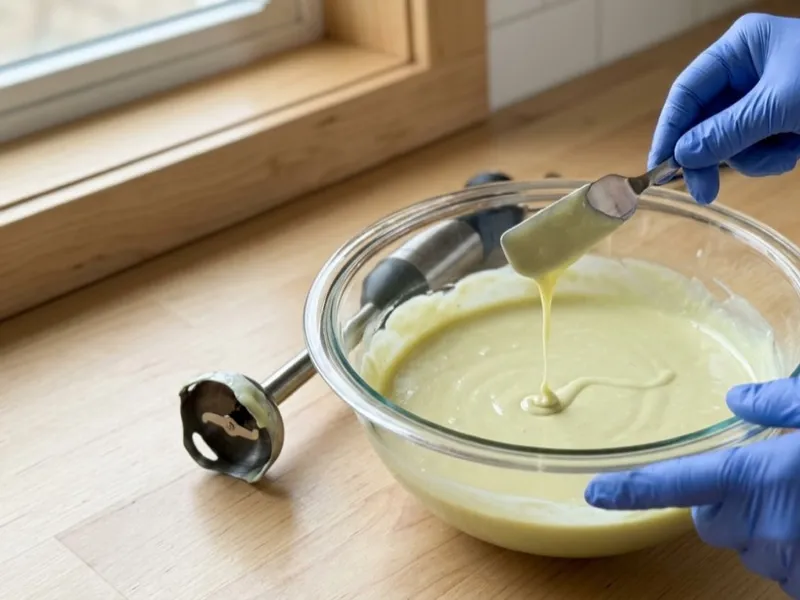 Blue-gloved hands lift a spatula dripping pale green soap batter into a clear glass bowl.
