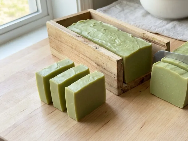 A gloved hand slices a loaf of green handmade soap into bars beside a wooden mold.