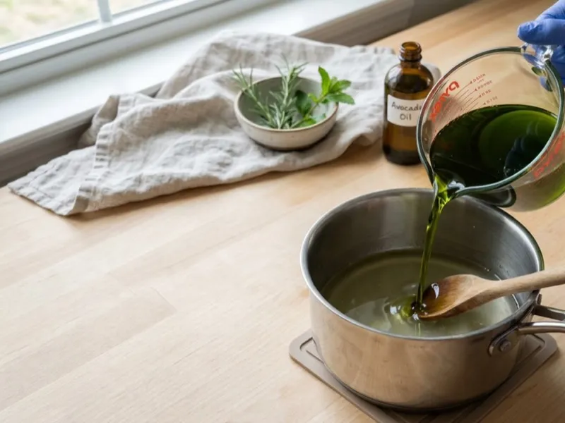 Gloved hands pour dark green oil from a measuring cup into a pot of liquid.