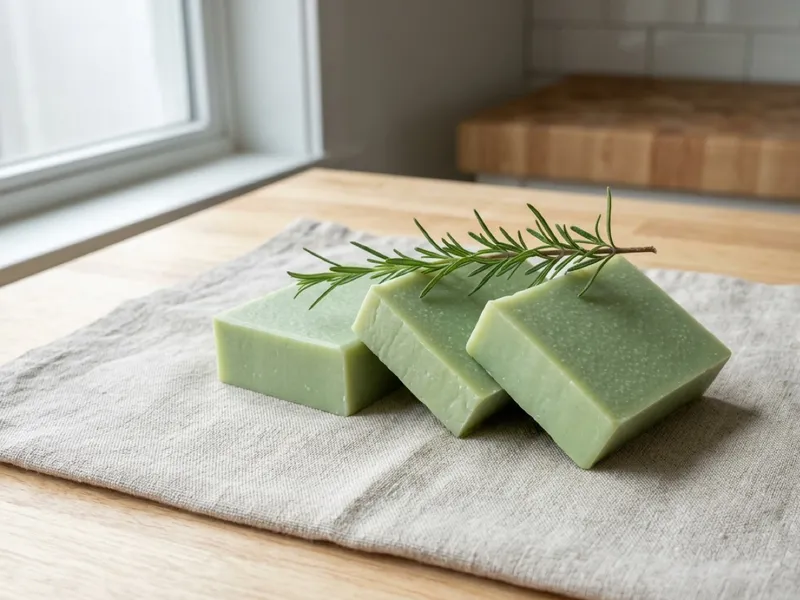 Three light-green soap bars topped with a fresh rosemary sprig on a linen cloth.