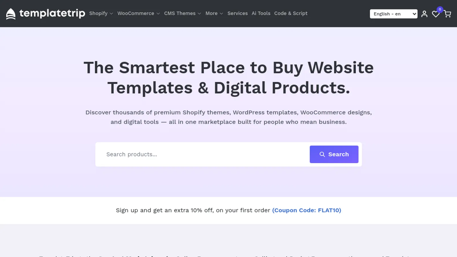 Screenshot of the TemplateTrip homepage