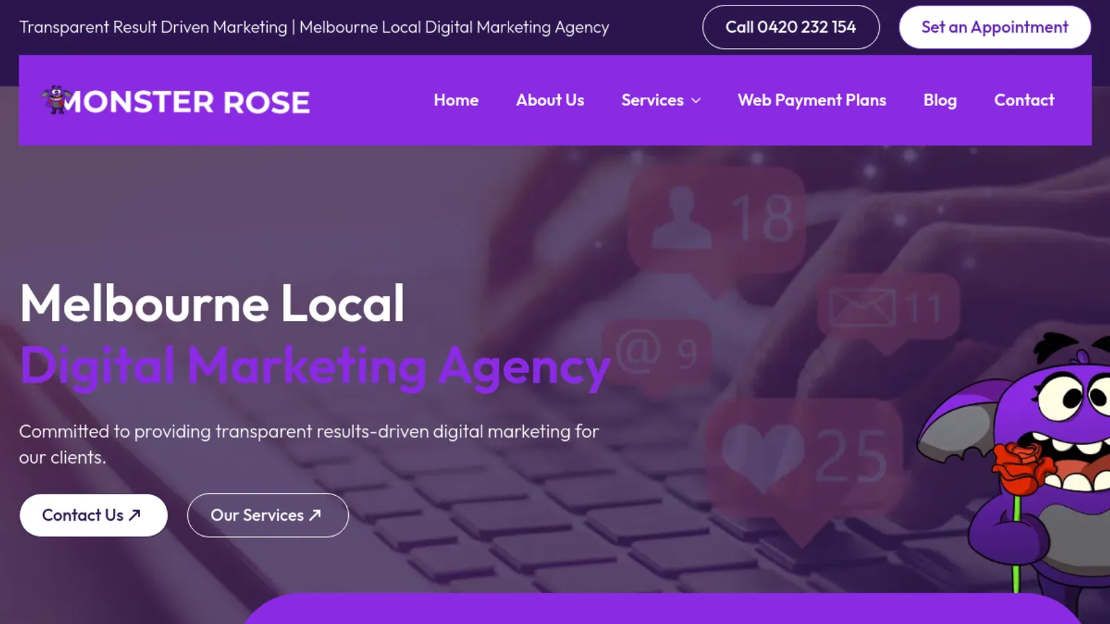 Screenshot of the Monster Rose Pty Ltd homepage