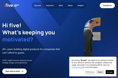 Screenshot of the xfive homepage