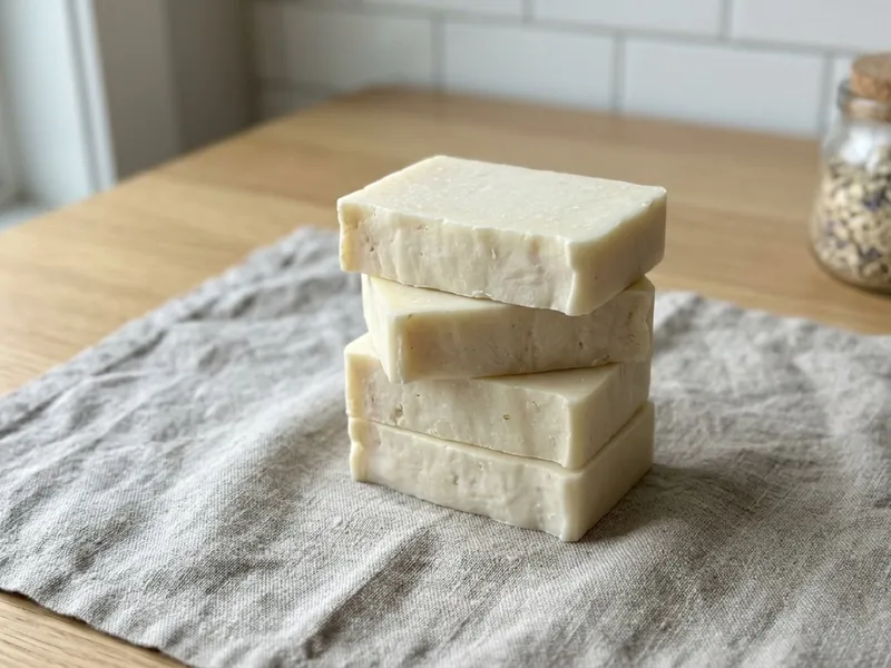 Four off-white handmade soap bars stacked on a textured linen cloth on a wooden surface.