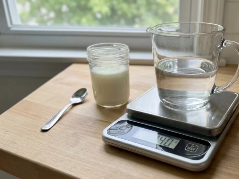 A glass pitcher of water on a digital kitchen scale beside a small jar of milk.