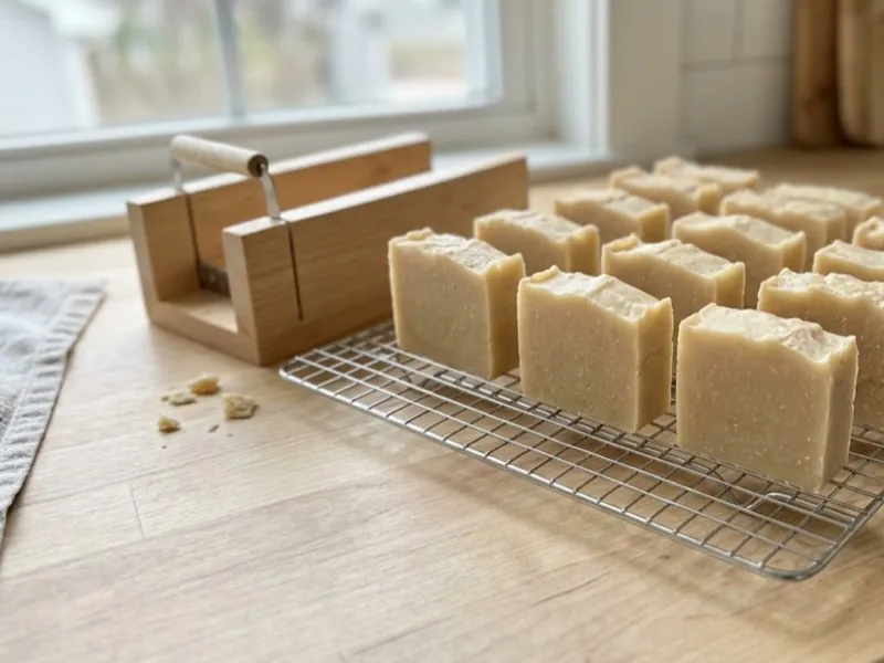 Freshly cut bars of handmade soap cure on a wire rack beside a wooden soap cutter.