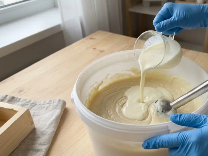 A person wearing blue gloves pours liquid into a bucket of soap batter with an immersion blender.