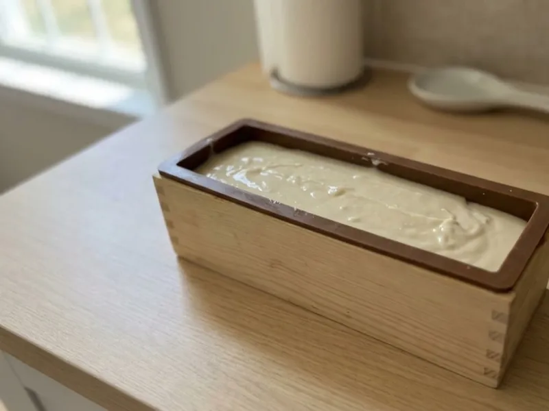 Freshly poured creamy soap batter rests in a silicone loaf mold inside a wooden box.
