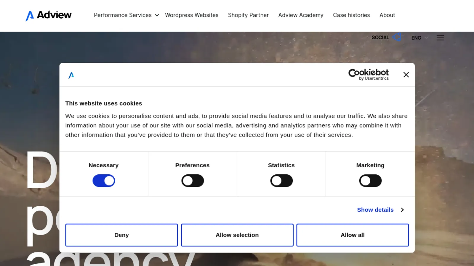 Screenshot of the Adview homepage