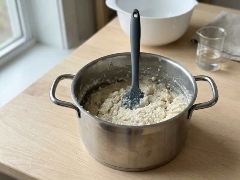 A stainless steel pot filled with thick, textured soap batter and an upright silicone spatula.
