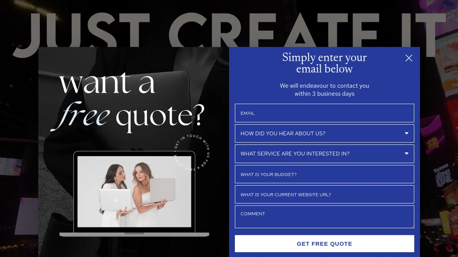 Screenshot of the Just Create It homepage