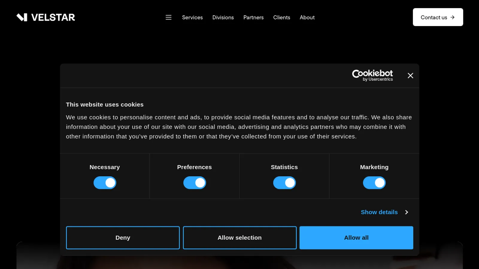 Screenshot of the Velstar homepage