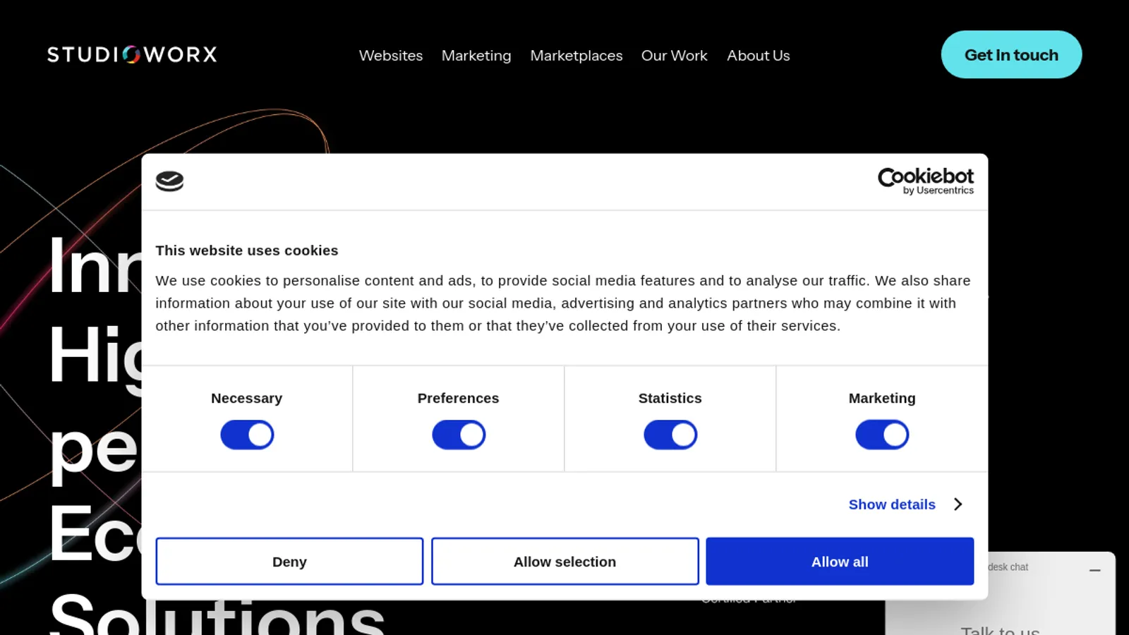 Screenshot of the Studioworx homepage